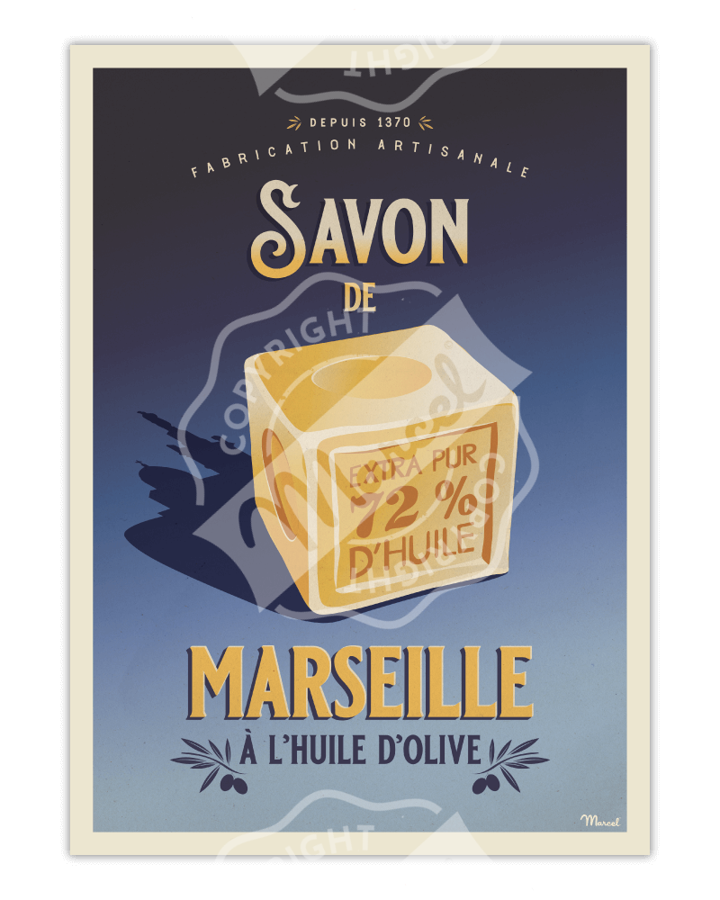 Affiche SAVON de MARSEILLE, Marcel Travel Posters, décoration murale, illustration, Hossegor, made in France, La Brique Rose, cadre, vente  en ligne, Concept store