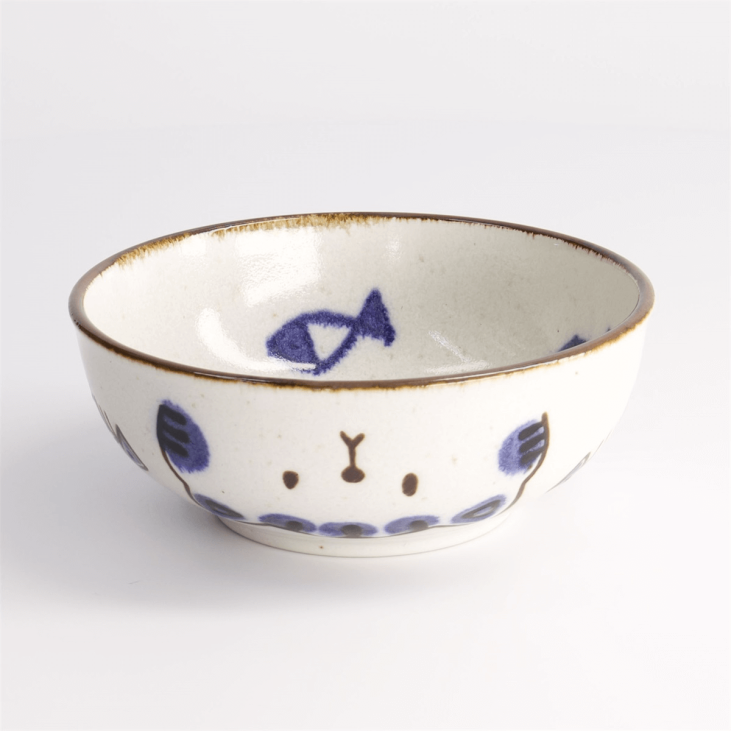 bol blanc et bleu en porcelaine avec dessin de chat fabriqué au japon